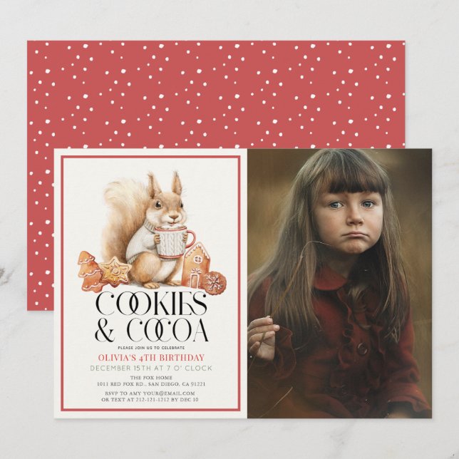 Cookies & Cocoa Squirrel Kid's Birthday Photo Invitation (Front/Back)
