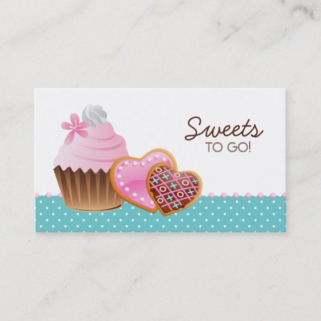 Cookies Cupcake Bakery Cute Polka Dots Modern blue Business Card (Front)