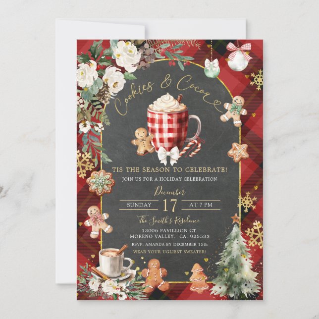 Cookies Hot Cocoa Plaid Red Black Christmas Party  Invitation (Front)