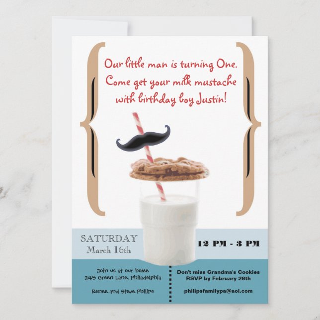 Cookies & Milk Mustache for First Birthday Boy Invitation (Front)