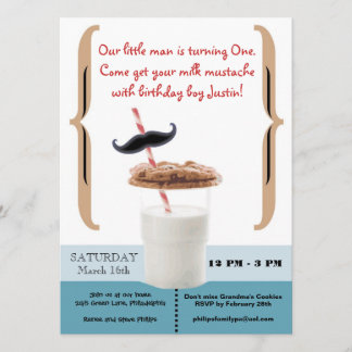 Cookies & Milk Mustache for First Birthday Boy Invitation