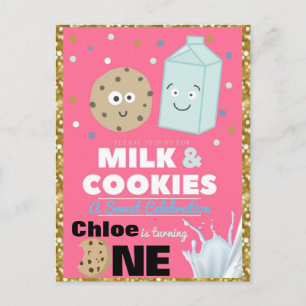 Cookies & Milk Pink & Gold Glitter 1st Birthday Invitation Postcard