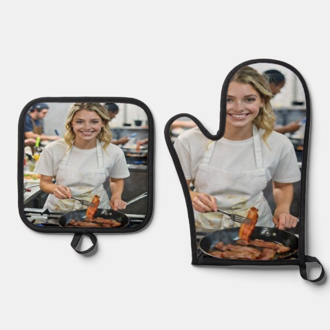 Cooking Bacon Photo Customize Oven Mitt & Pot Holder Set (Front)