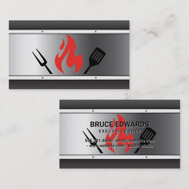 Cooking BBQ Utensils | Fire | Metallic Business Card (Front/Back)