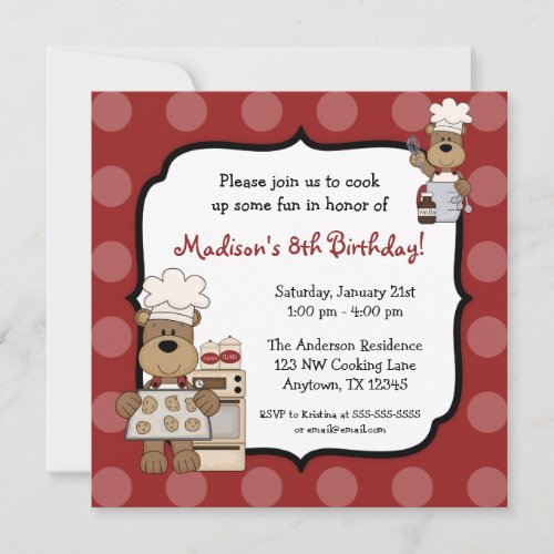 Cooking Bears Kids Birthday Party Custom Announcement