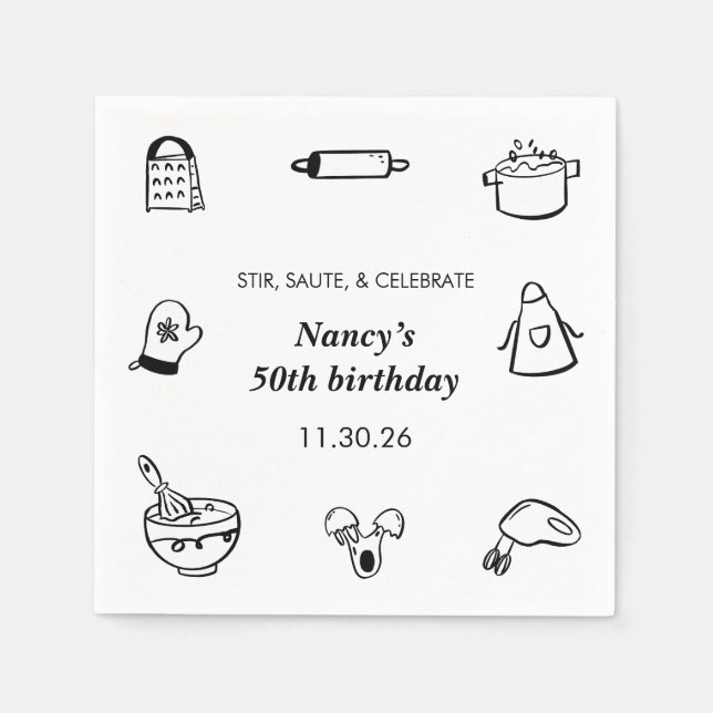 Cooking Birthday Party Hand Drawn Chef Minimalist  Napkins (Front)