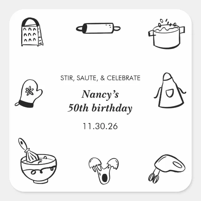 Cooking Birthday Party Hand Drawn Chef Minimalist Square Sticker | Zazzle