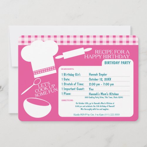 Cooking Birthday Party Recipe Pink Invitation