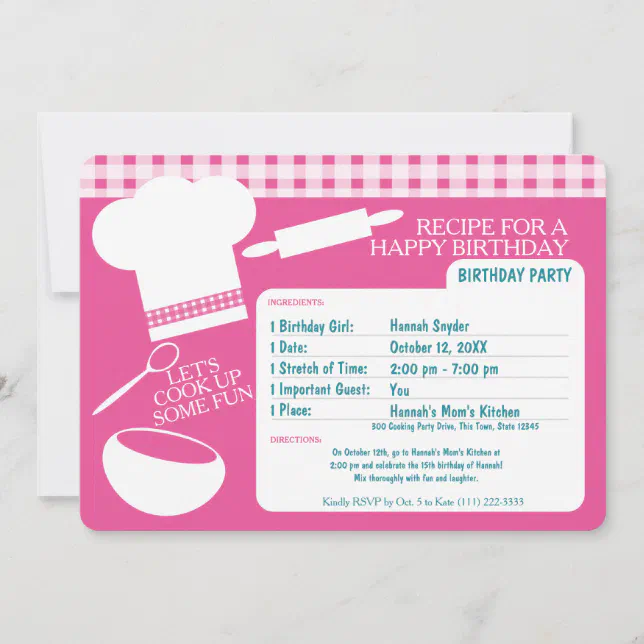 Cooking Birthday Party Recipe Pink Invitation | Zazzle