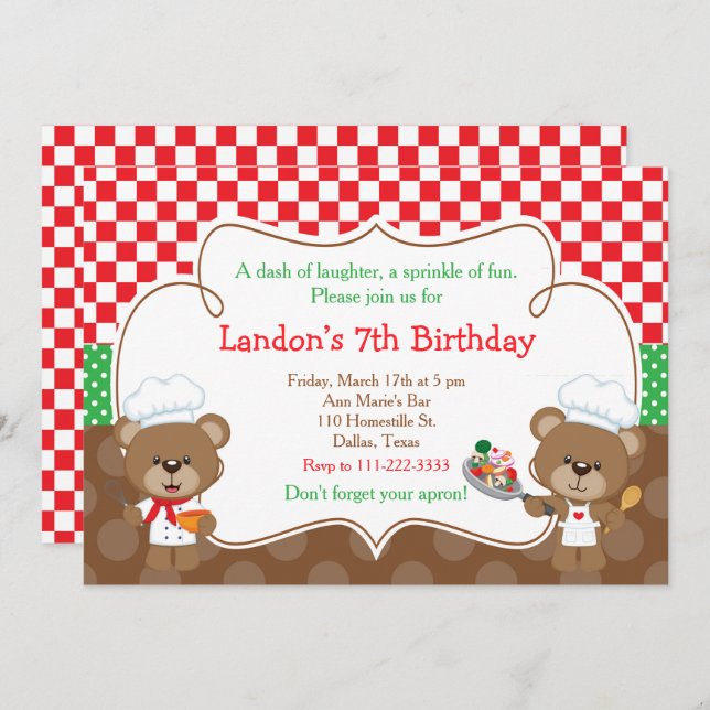 Cooking Chef Bear Birthday Party Invitation (Front/Back)