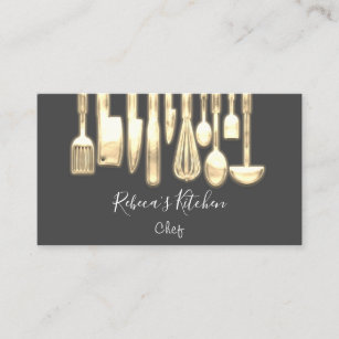 Cooking Logo Chef Restaurant Golden Knifes Gray  Business Card