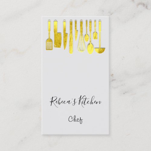 Cooking Logo  Chef Restaurant Gray Golden Knifes  Business Card