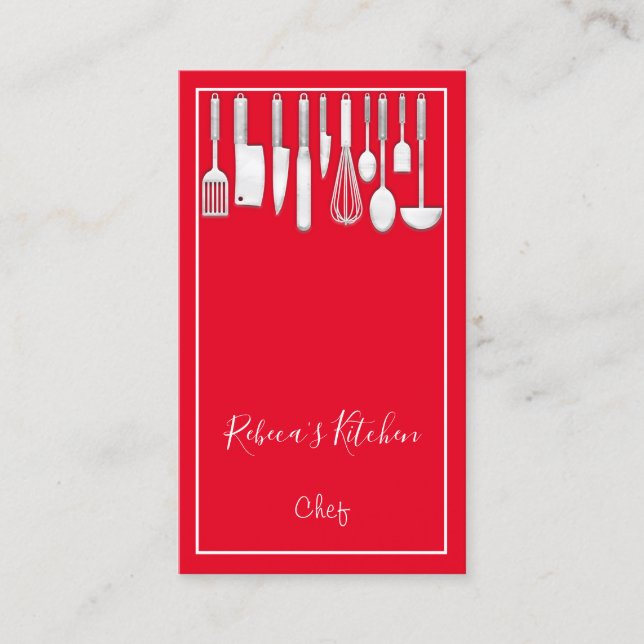 Cooking Logo Chef Restaurant Kitchen Knifes Red Business Card (Front)