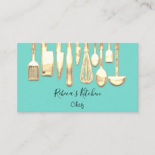 Cooking Logo Chef Restaurant Stylish Knifes Aqua Business Card