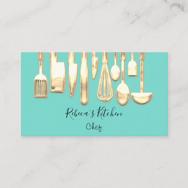 Cooking Logo Chef Restaurant Stylish Knifes Aqua  Business Card (Front)