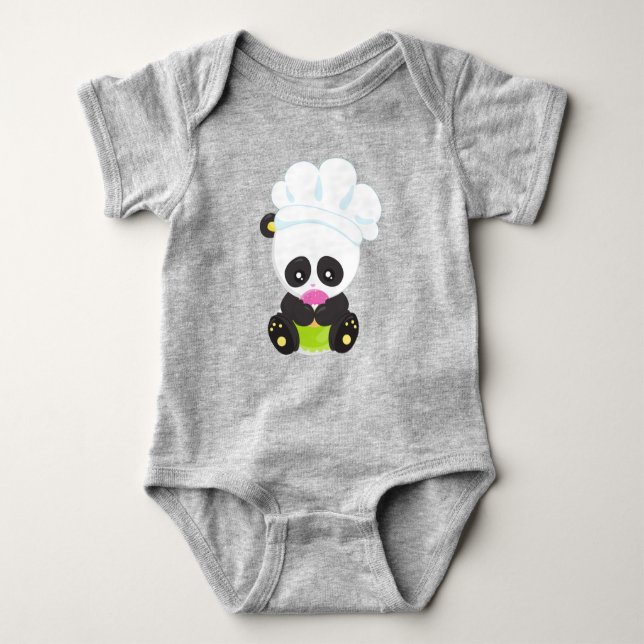 Cooking Panda, Baking Panda, Panda With Donut Baby Bodysuit (Front)