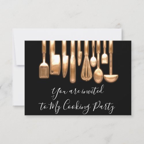 Cooking Party Chef Golden Kitchen Black Rose Gold Invitation