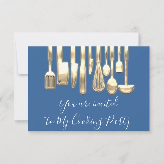 Cooking Party Chef Golden Kitchen Blue Gold Invitation (Front)