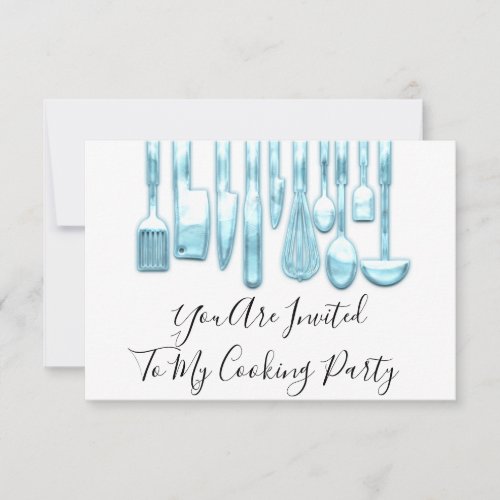 Cooking Party Chef Golden Kitchen Blue White Invitation