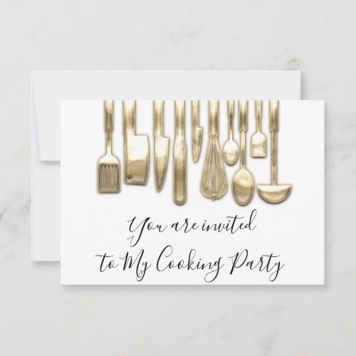 Cooking Party Chef Golden Kitchen Gold White Invitation