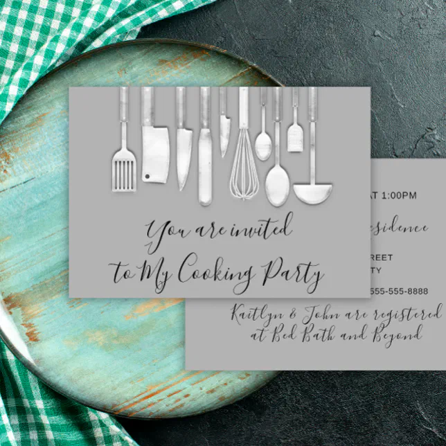 Cooking Party Chef Golden Kitchen Gray Silver Invitation | Zazzle