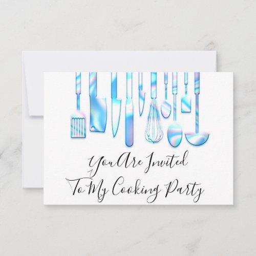 Cooking Party Chef Golden Kitchen Holograph Blue Invitation