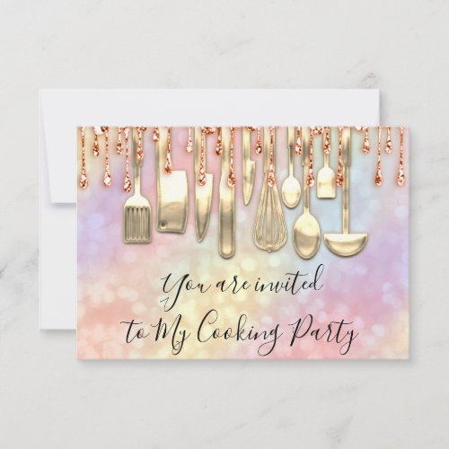 Cooking Party Chef Golden Kitchen Holograph Drips Invitation