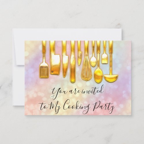 Cooking Party Chef Golden Kitchen Holograph Gold Invitation