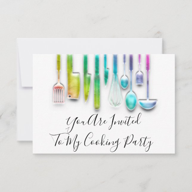 Cooking Party Chef Golden Kitchen Holograph Rainbo Invitation (Front)