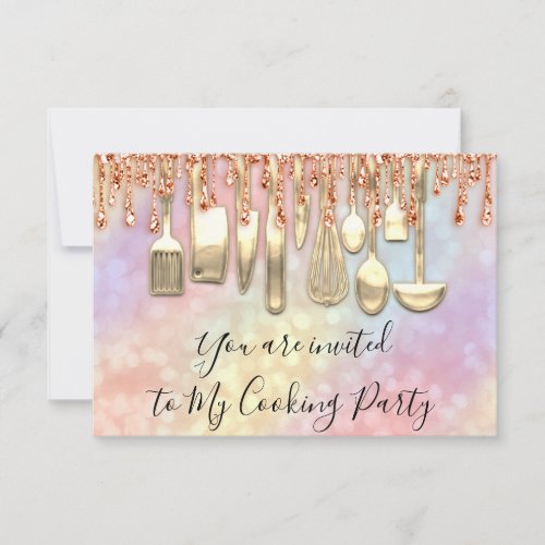 Cooking Party Chef Golden Kitchen Holograph Rose Invitation