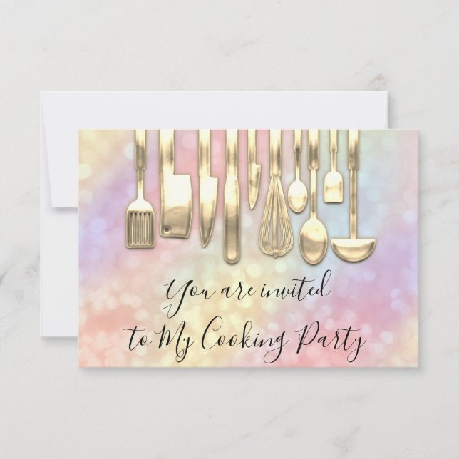 Cooking Party Chef Golden Kitchen Holographic Invitation (Front)
