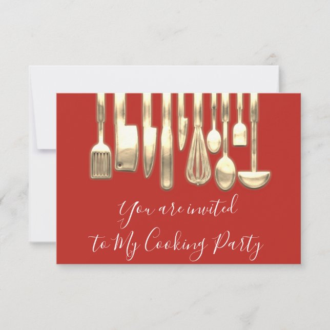 Cooking Party Chef Golden Kitchen Red Gold  Invitation (Front)