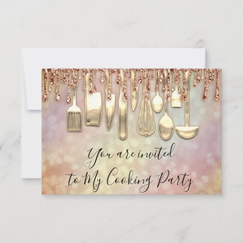 Cooking Party Chef Golden Kitchen Rose Gold Drips Invitation