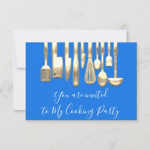 Cooking Party Chef Golden Kitchen Utensils Blue  Invitation