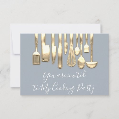 Cooking Party Chef Golden Kitchen Utensils Gray Invitation