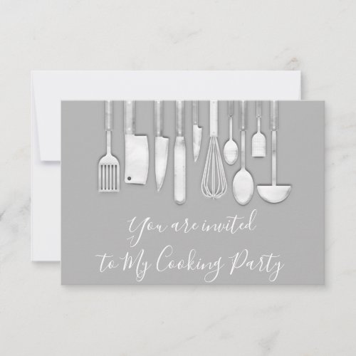 Cooking Party Chef Golden Kitchen Utensils Silver Invitation
