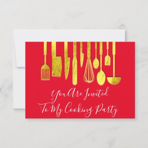 Cooking Party Chef Golden Kitchen White Gold Red Invitation