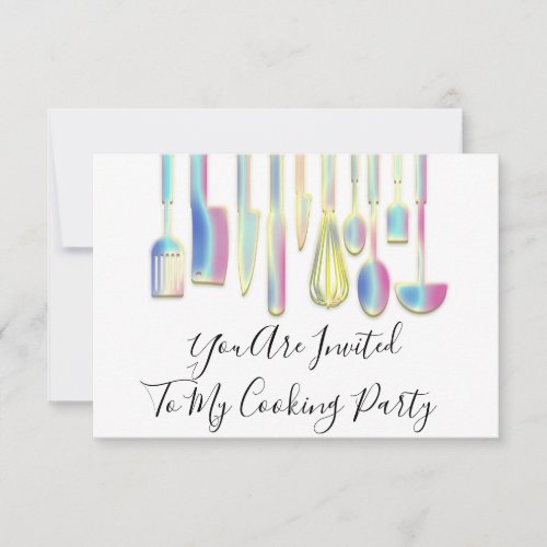 Cooking Party Chef Golden Kitchen White Holograph  Invitation