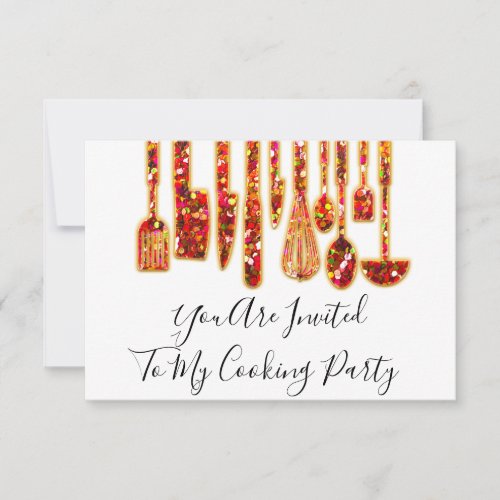 Cooking Party Chef Golden Kitchen White Red Invitation