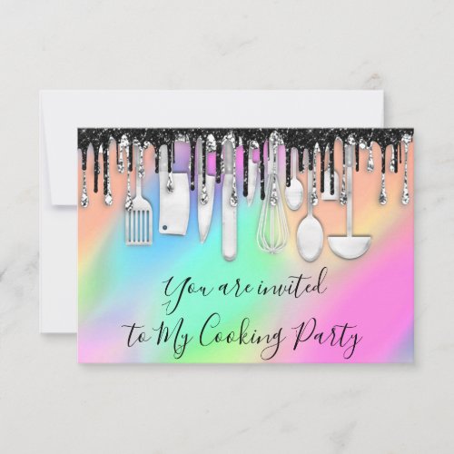 Cooking Party Chef Kitchen Black Drips Holograph Invitation