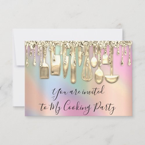 Cooking Party Chef Kitchen Gold Drip Holograph Invitation