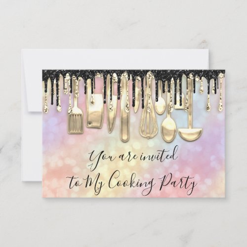 Cooking Party Chef Kitchen Gold Drips Holograph Invitation