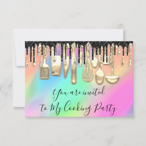 Cooking Party Chef Kitchen Gold Drips Holographic Invitation