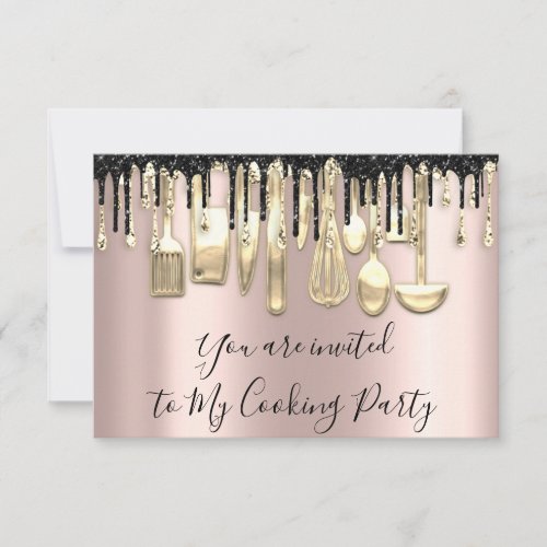 Cooking Party Chef Kitchen Gold Drips Rose Invitation