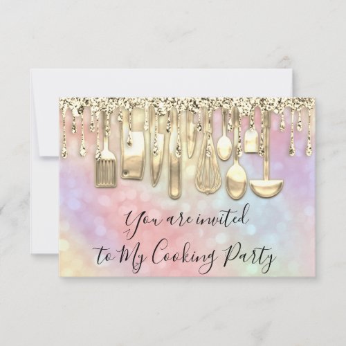 Cooking Party Chef Kitchen Gold Rose Holograph Invitation