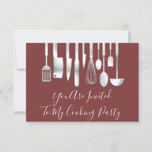 Cooking Party Chef Kitchen Restaurant Rose Silver Invitation (Front)