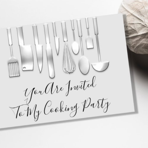 Cooking Party Chef Kitchen Restaurant White Silver Invitation
