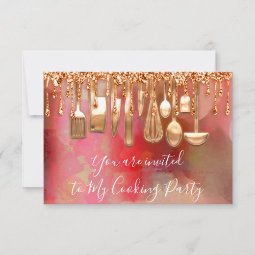 Cooking Party Chef Kitchen Rose Drips Copper Red Invitation