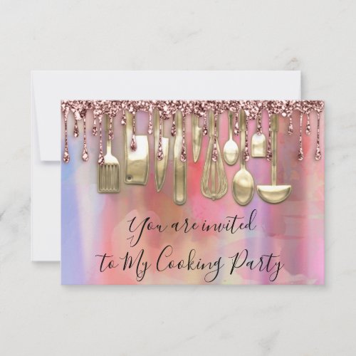 Cooking Party Chef Kitchen Rose Drips Gold Invitation