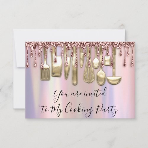 Cooking Party Chef Kitchen Rose Drips Holograph  Invitation